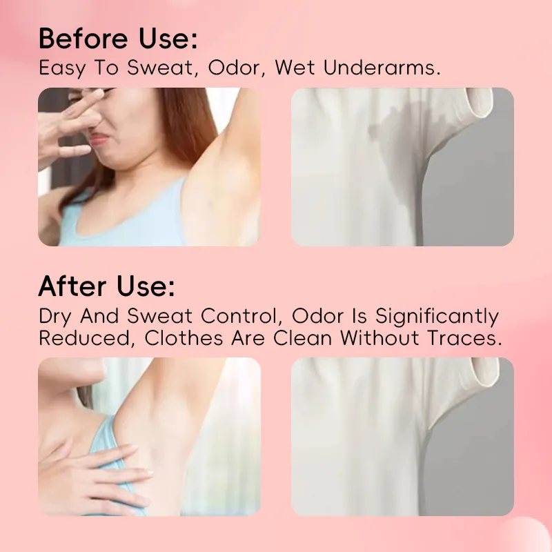 An image showing a comparison of underarm conditions before and after product use with text descriptions, highlighting effects such as sweat and odor control.